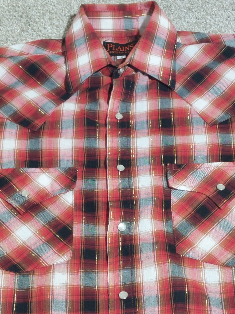 Vintage Plains Western Wear Pearl Snap Shirt – Gold Lurex Metallic Plaid Size S